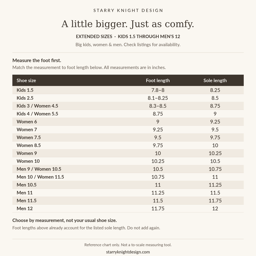 Starry Knight Design extended size chart, kids 1.5 through men's 12, with foot lengths and sole lengths in inches.