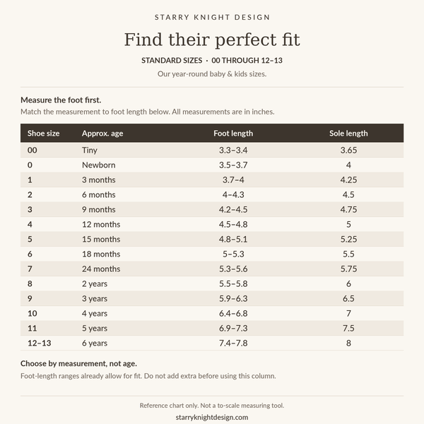 Starry Knight Design standard size chart, sizes 00 through 12–13, with approximate ages, foot lengths and sole lengths in inches.