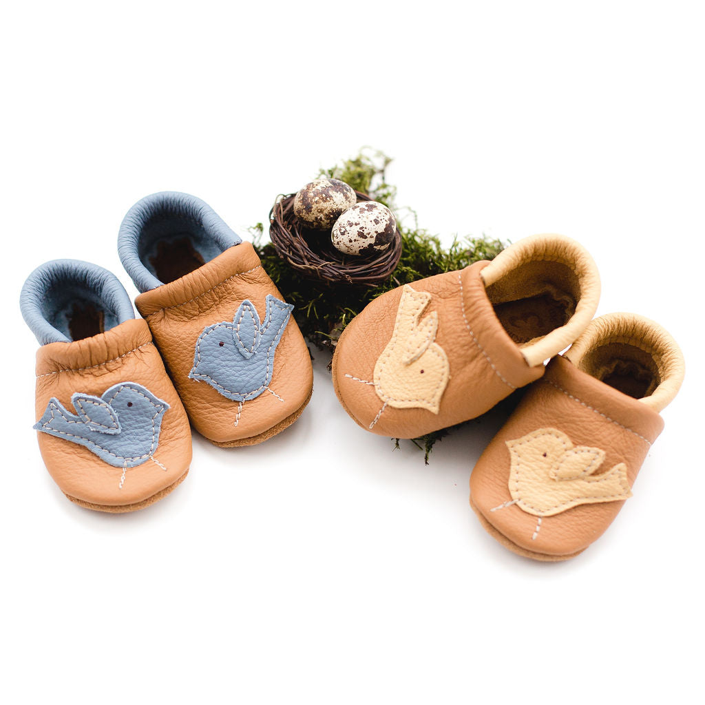Blue Yellow Birdie Leather Shoes Moccs Baby and Toddler– Starry